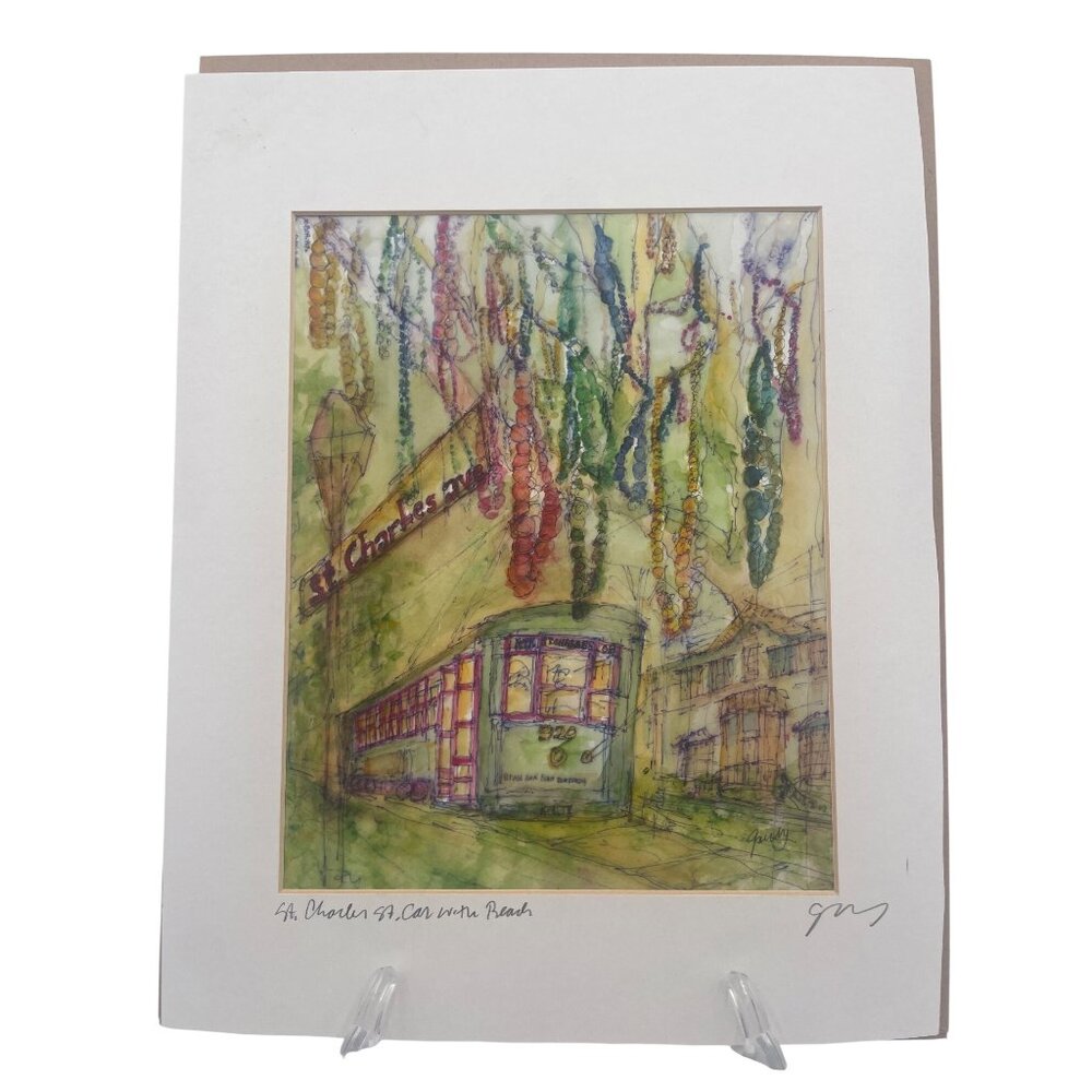 St Charles Streetcar Watercolor Art Nurhan Gokturk Print Beads New Orleans